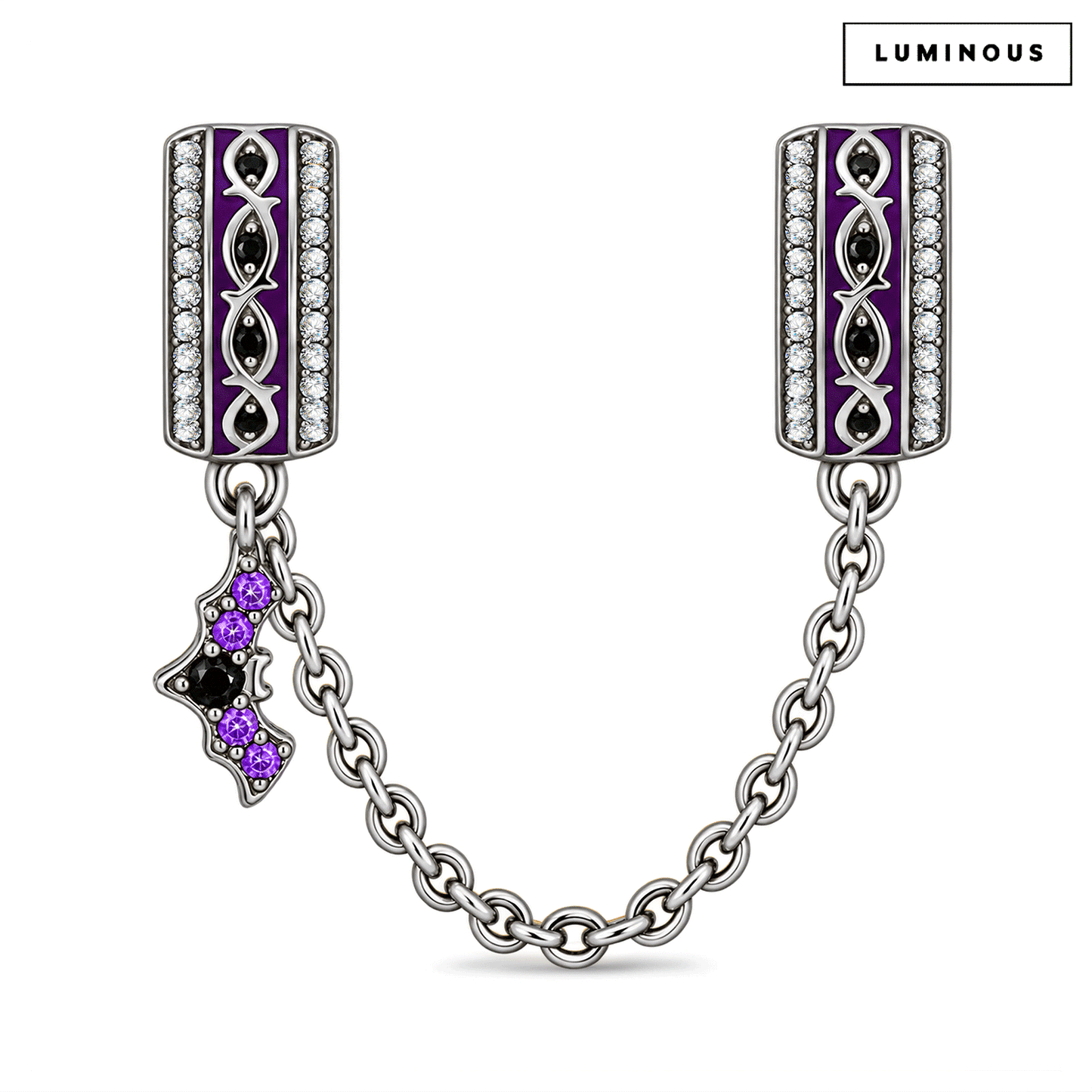 Blackened Solid 925 Sterling Silver Halloween Luminous Purple Enamel Gothic Bat & Pavé Safety Chain Charm