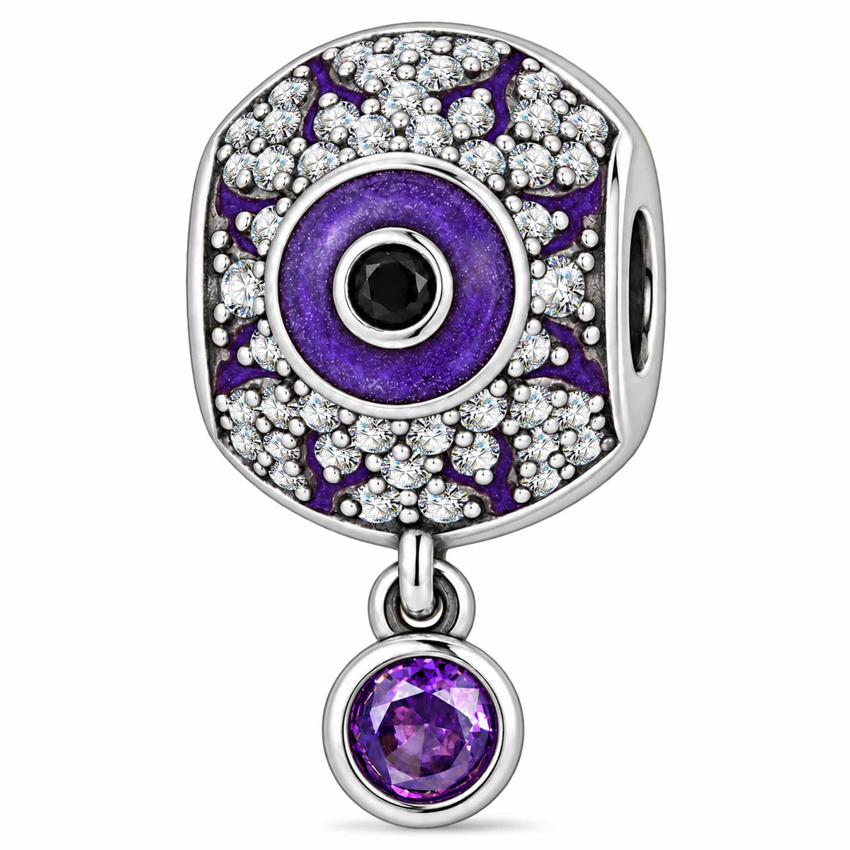 Blackened Solid 925 Sterling Silver Halloween Luminous Purple Enamel Mystic Eye & Pavé Dangle Charm Bead