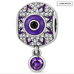 Blackened Solid 925 Sterling Silver Halloween Luminous Purple Enamel Mystic Eye & Pavé Dangle Charm Bead