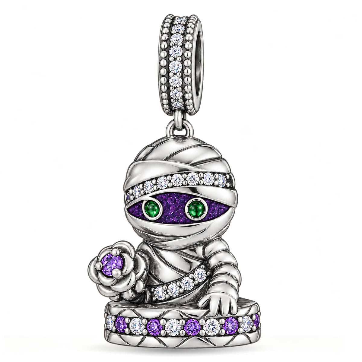 Midnight Zen Mummy Glow-in-the-Dark Dangle Charm In Blackened Solid 925 Sterling Silver