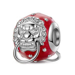 Sterling Silver Ancient Lion Gate Charms With Enamel In White Gold Plated