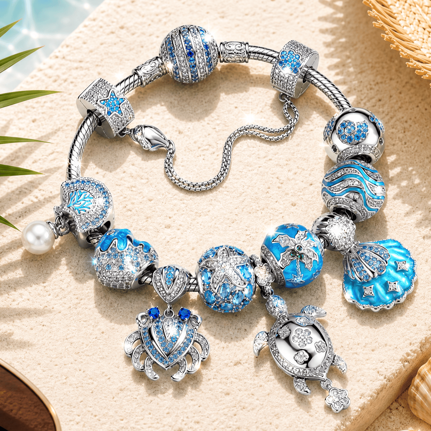 Sterling Silver Ocean Marine Life Crab & Turtle Charm Bracelet Set In White Gold Plated (Includes Bracelet And All Charms Shown)