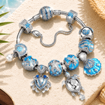 Sterling Silver Ocean Marine Life Crab & Turtle Charm Bracelet Set In White Gold Plated (Includes Bracelet And All Charms Shown)