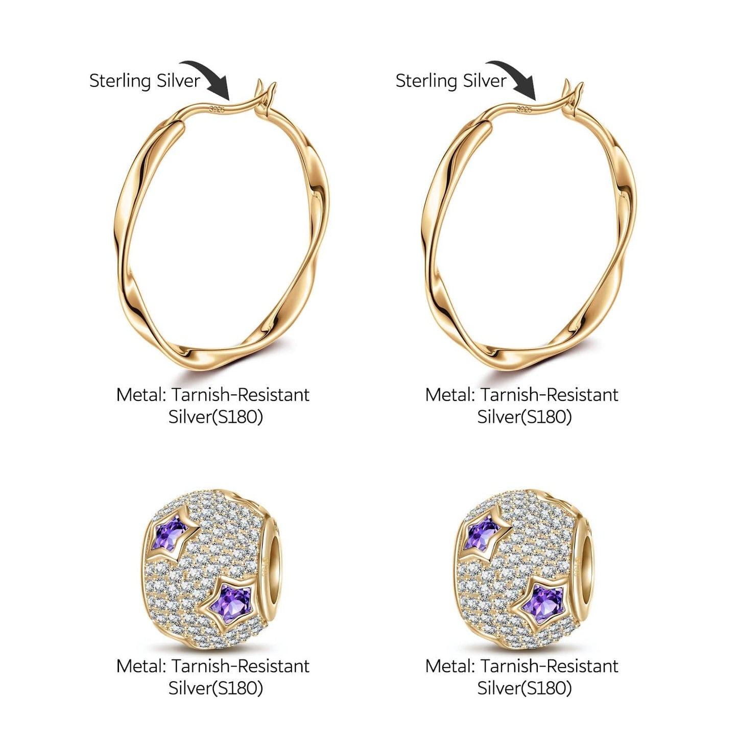 Purple Star Tarnish-resistant Silver Charms Earrings Set M Size Classic Hoop Earrings with Sterling Silver Ear Post In 14K Gold Plated