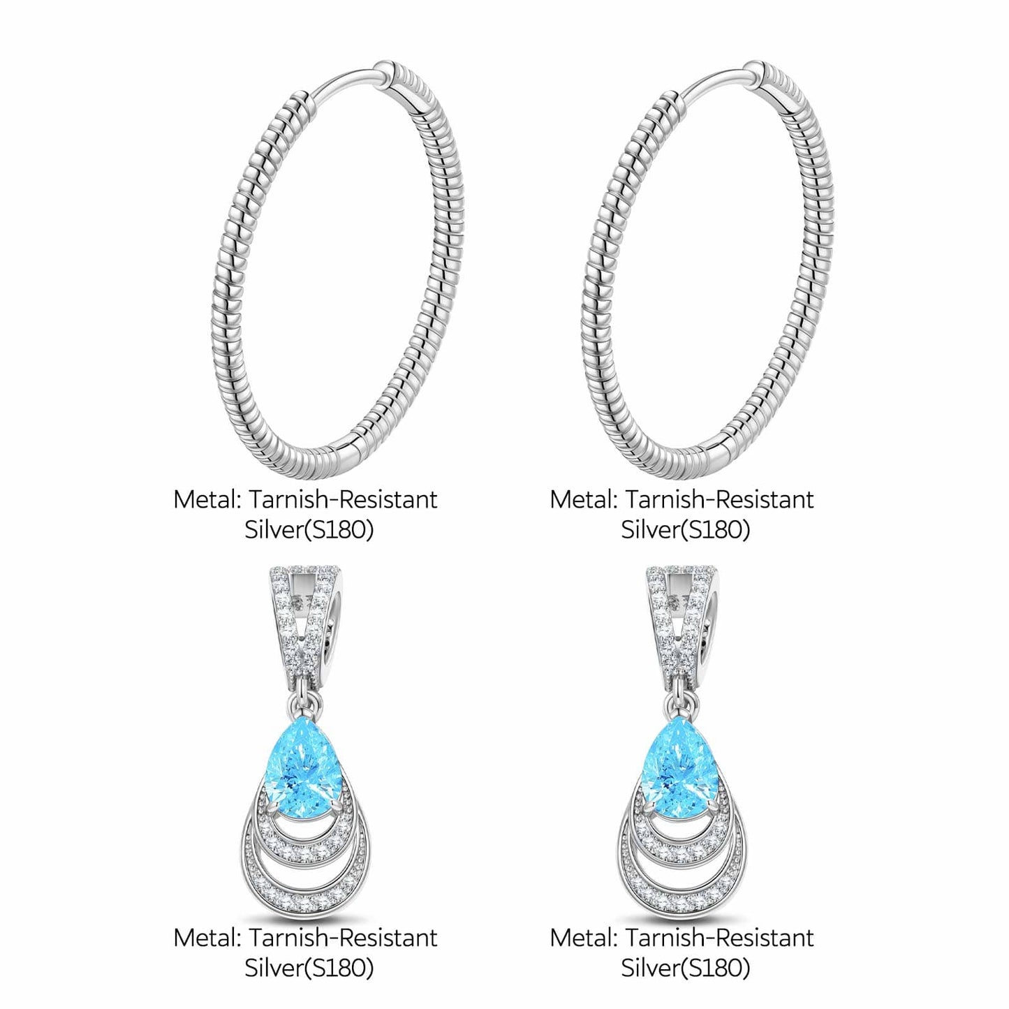 Mermaid's Tear Tarnish-resistant Silver Charms Earrings Set with Sterling Silver Ear Post In White Gold Plated