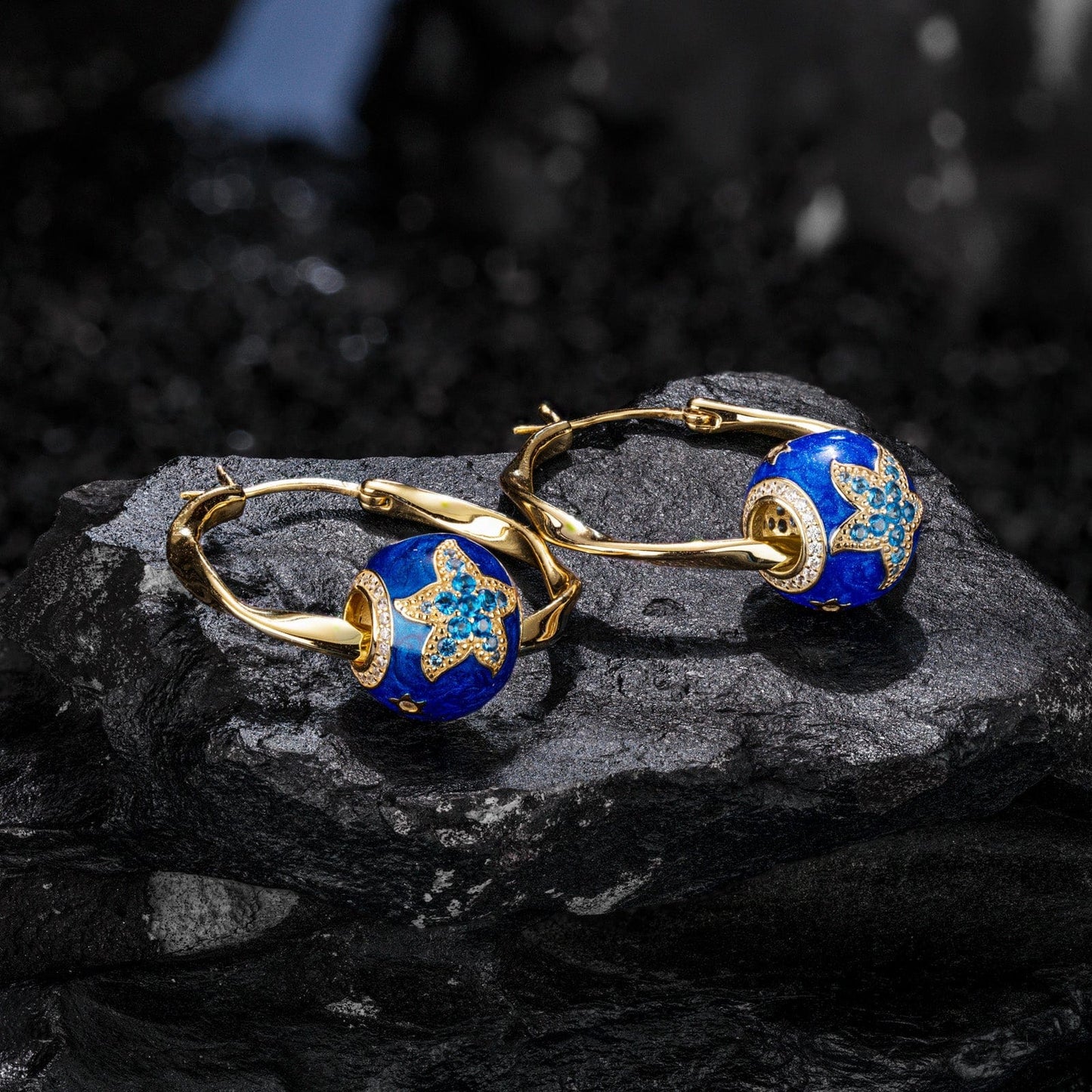 [💥As @ginagoingsilver's Pick] Cute Blue Starfish Tarnish-resistant Silver Charms Earrings Set with Enamle M size Classic Hoop Earrings with Sterling Silver Ear Post In 14K Gold Plated