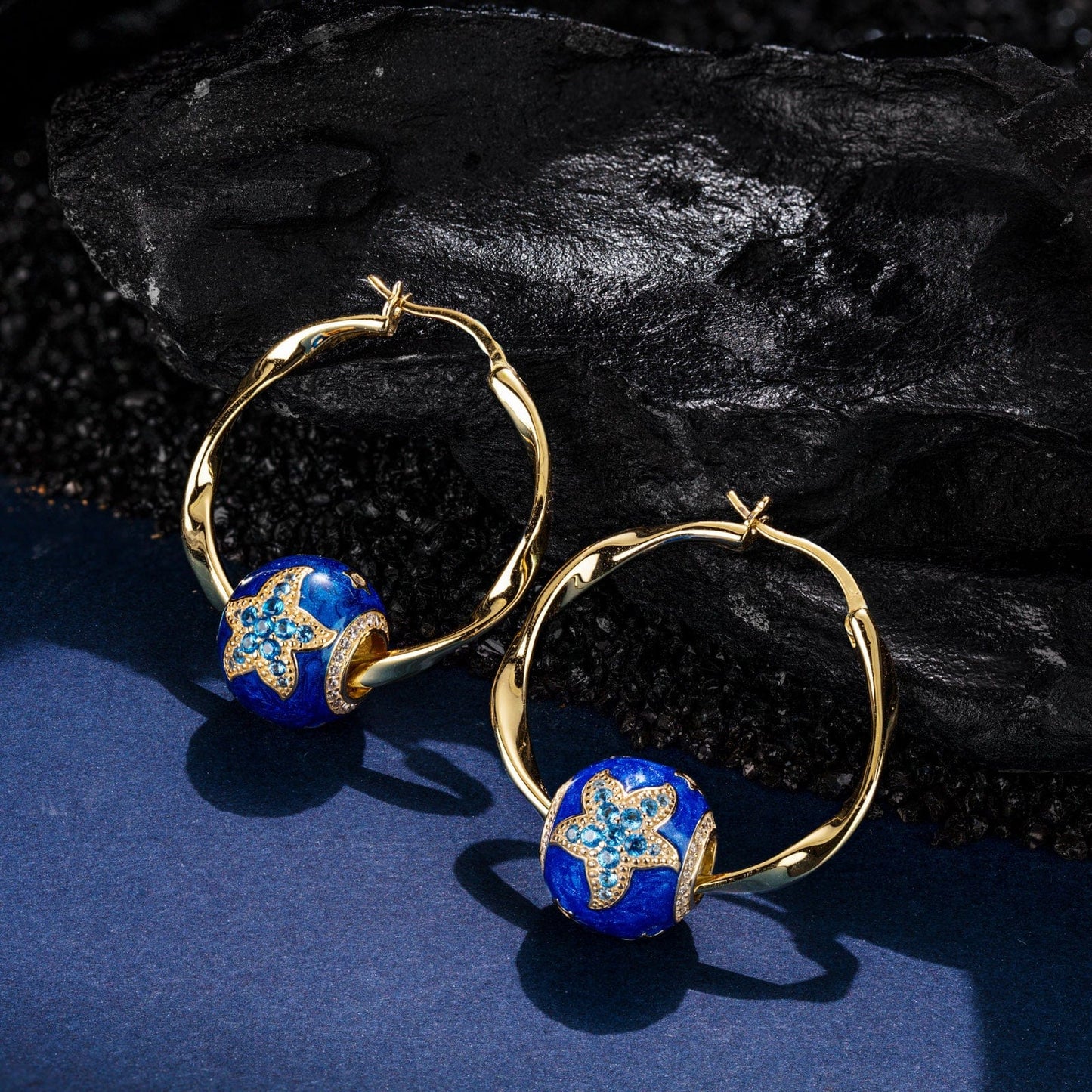 [💥As @ginagoingsilver's Pick] Cute Blue Starfish Tarnish-resistant Silver Charms Earrings Set with Enamle M size Classic Hoop Earrings with Sterling Silver Ear Post In 14K Gold Plated