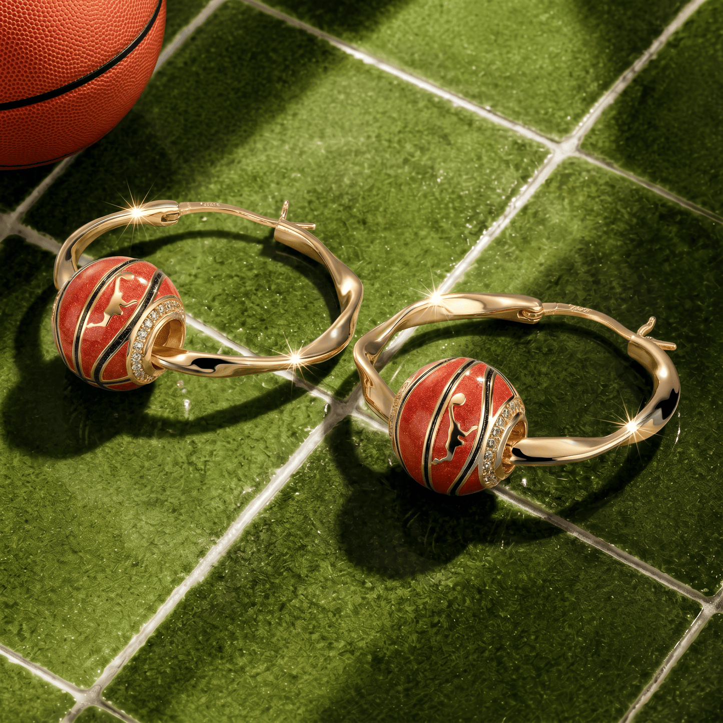 Bouncing Basketball Tarnish-resistant Silver Charms Earrings Set With Enamel L Size Classic Hoop Earrings with Sterling Silver Ear Post In 14K Gold Plated
