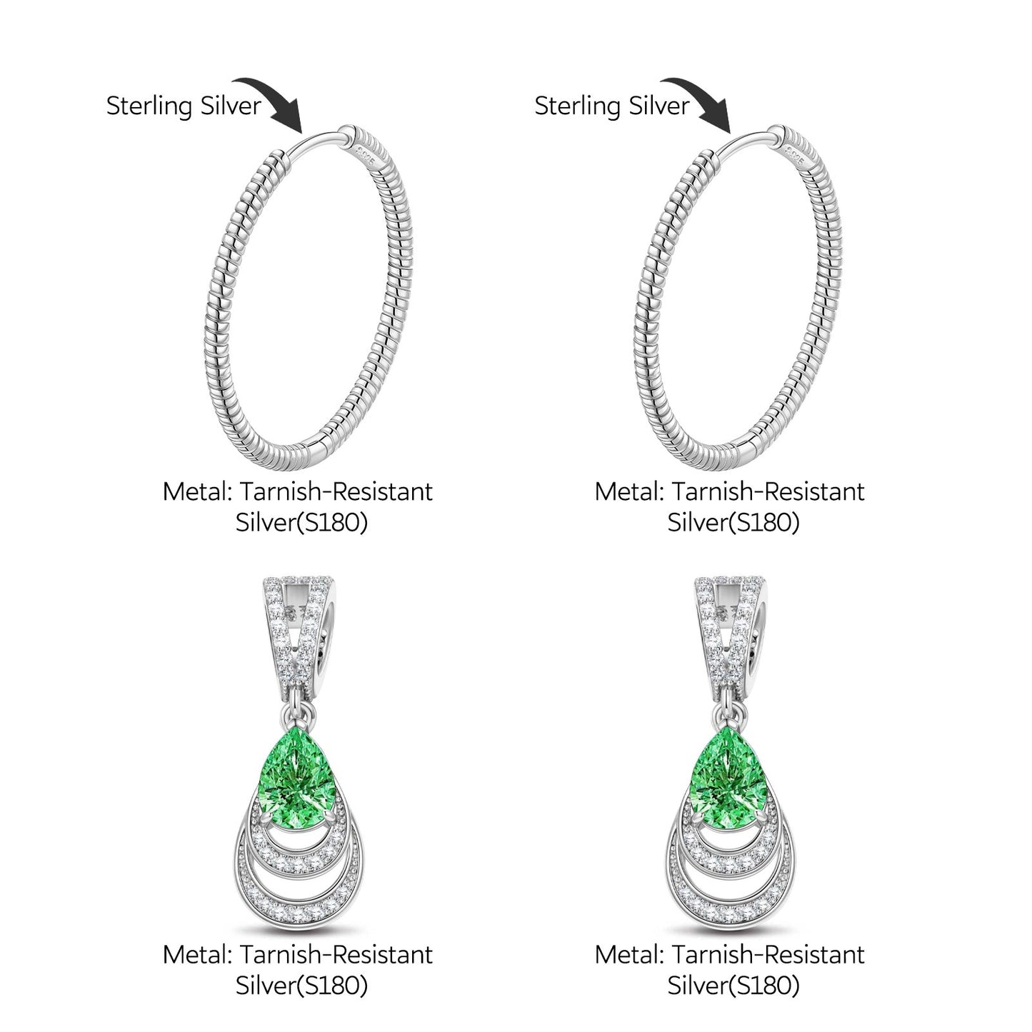 Emerald Gracefulness Tarnish-resistant Silver Charms Earrings Set With Classic Hoop Earrings with Sterling Silver Ear Post In White Gold Plated