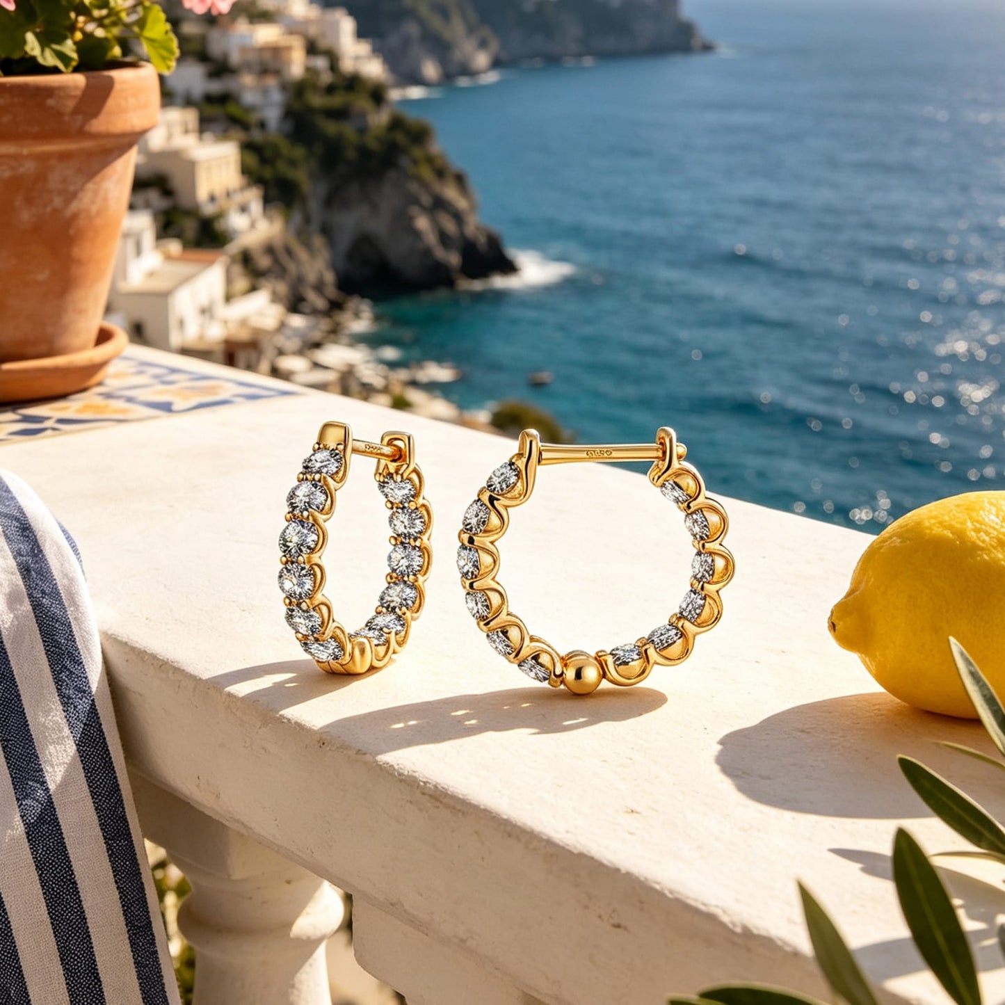 Tarnish-resistant Silver 5A Cubic Zirconia Classic Hoop Earrings with Sterling Silver Ear Post In 14K Gold Plated