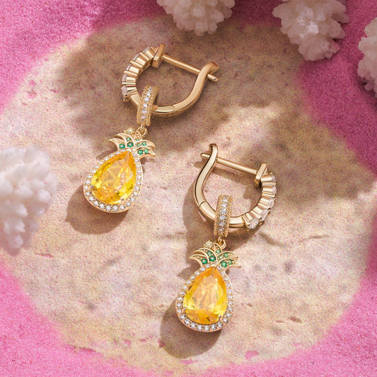 gona- Sunlit Pineapple Tarnish-resistant Silver Charms Earrings Set With 5A Cubic Zirconia Classic Hoop Earrings with Sterling Silver Ear Post In 14K Gold Plated