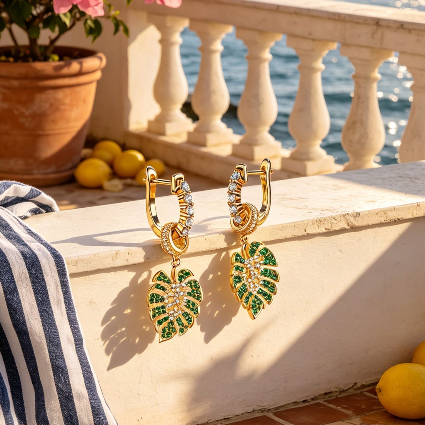 Monstera Breeze Tarnish-resistant Silver Charms Earrings Set With 5A Cubic Zirconia Classic Hoop Earrings with Sterling Silver Ear Post In 14K Gold Plated