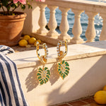 Monstera Breeze Tarnish-resistant Silver Charms Earrings Set With 5A Cubic Zirconia Classic Hoop Earrings with Sterling Silver Ear Post In 14K Gold Plated