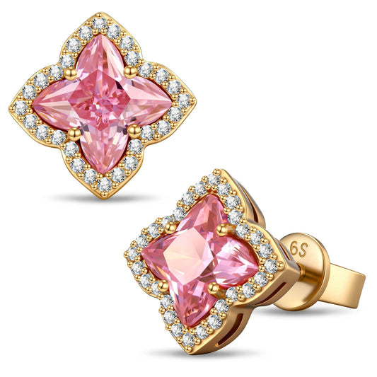 gona- Sterling Silver Light Champagne 14K Gold Plated Earrings with Padparadscha Four-Leaf Clover Cut Zircon