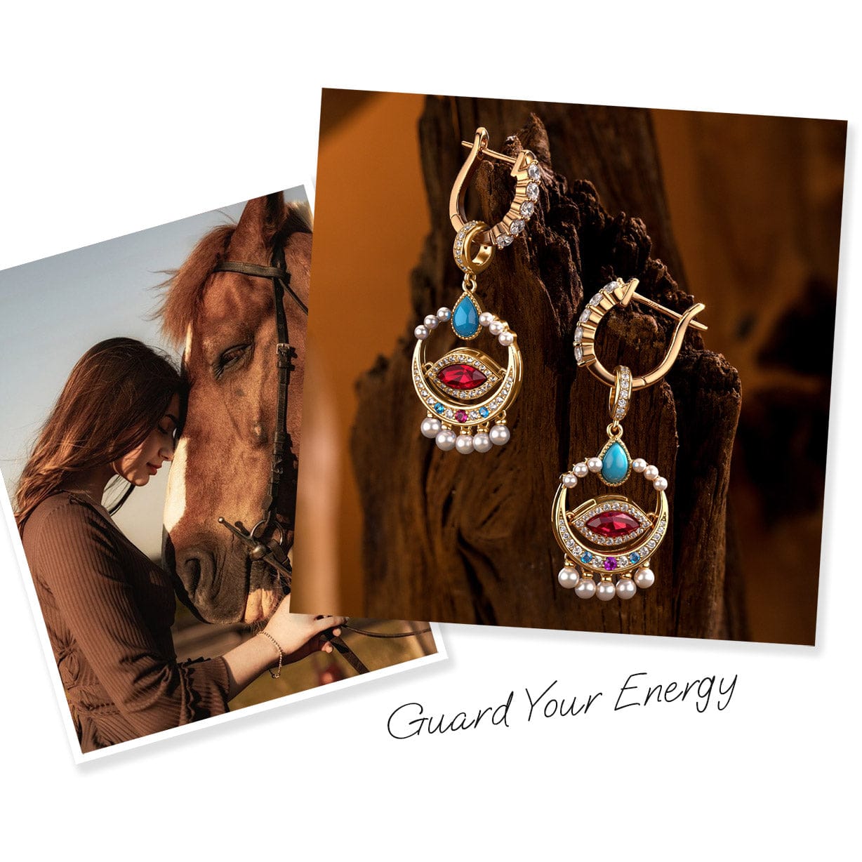 Eye of Horus Charms Drop Earrings - Gold-Tone Tarnish-Resistant Silver with Natural Turquoise & Red Marquise-Cut Swarovski® Crystal