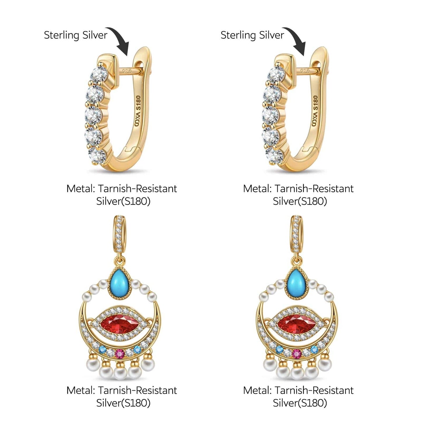 Eye of Horus Charms Drop Earrings - Gold-Tone Tarnish-Resistant Silver with Natural Turquoise & Red Marquise-Cut Swarovski® Crystal