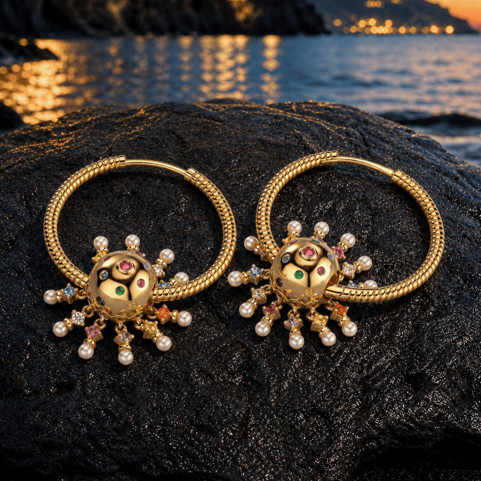 Volcanic Shore Multicolor Pearl Sunburst Hoop Earrings in Tarnish-Resistant Silver