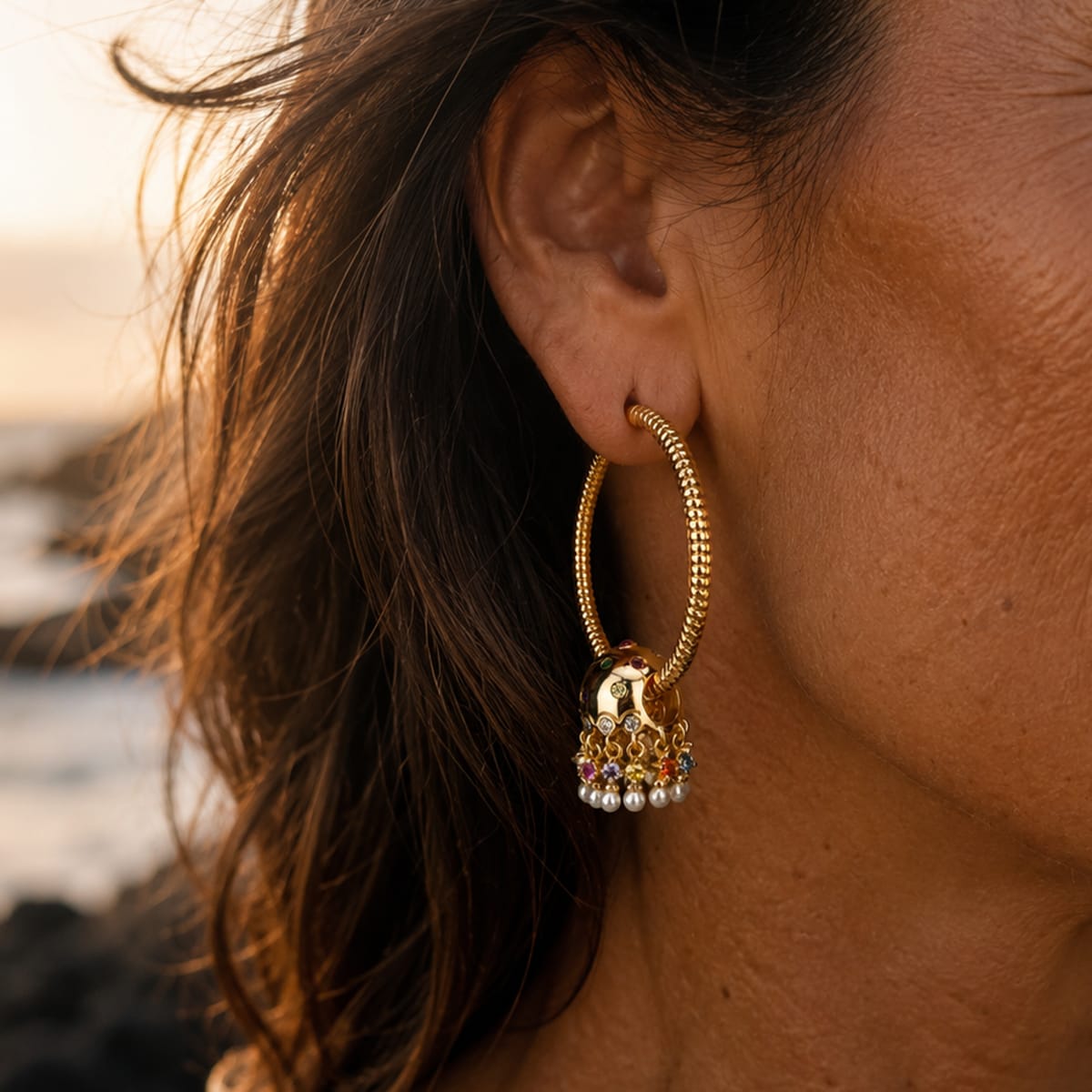 Volcanic Shore Multicolor Pearl Sunburst Hoop Earrings in Tarnish-Resistant Silver