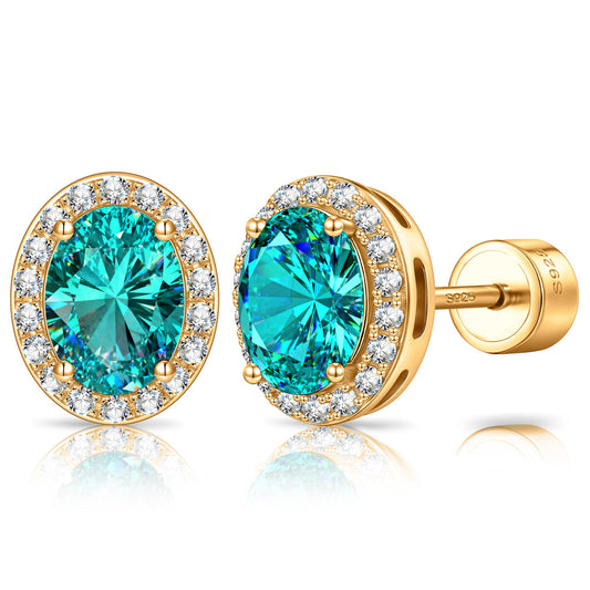 gona- Sterling Silver 3.0 CT.TW Paraiba Neon Greenish Blue Lab-Created Oval Stud Earrings With 14K Gold Plating (Includes GRC Certification From Gemstone Research Center)