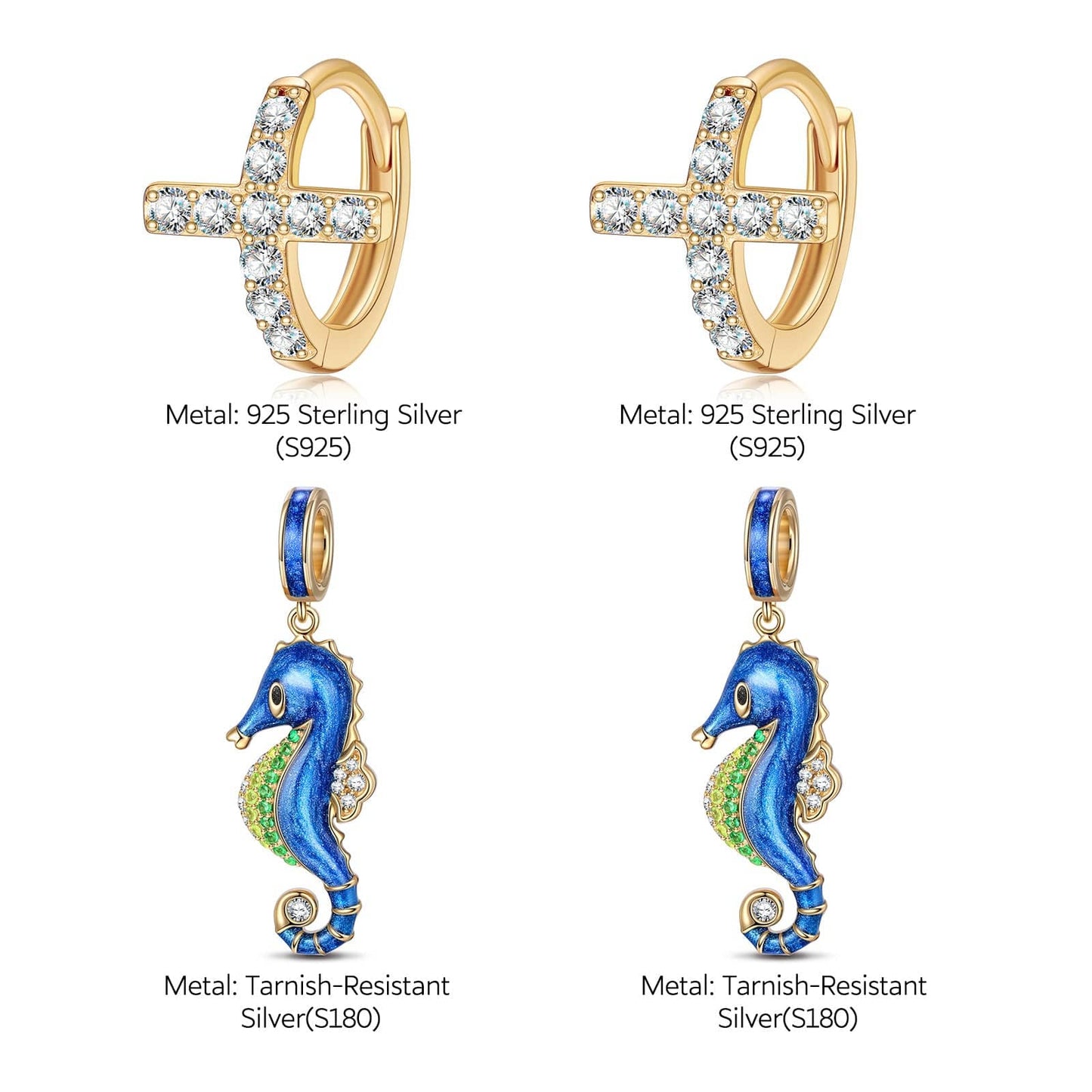 Sterling Silver Blue Seahorse Hoop Earrings With Enamel In 14K Gold Plated