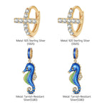 Sterling Silver Blue Seahorse Hoop Earrings With Enamel In 14K Gold Plated