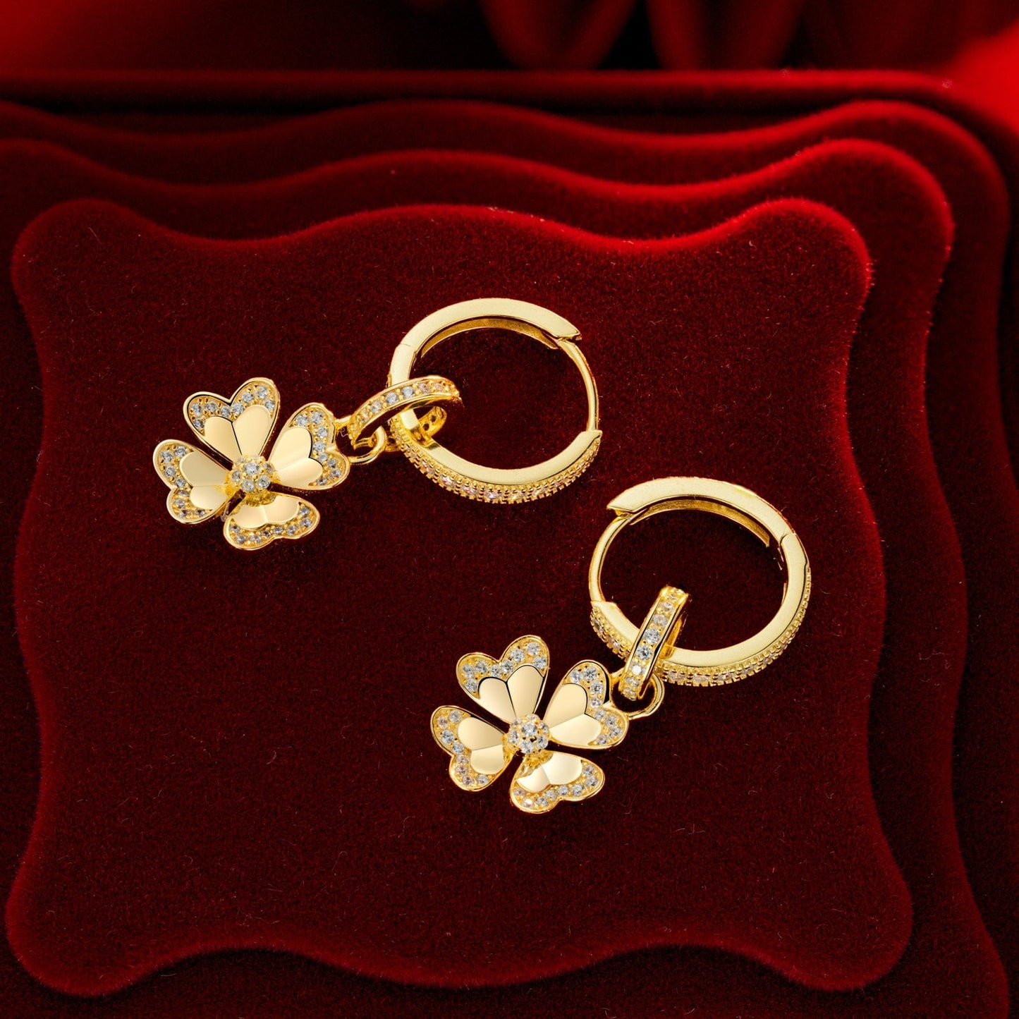 Sterling Silver Lucky Clover Hoop Earrings In 14K Gold Plated