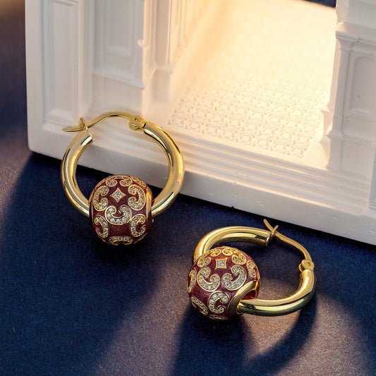 gon- Sterling Silver Burgundy Versailles Ball Hoop Earrings With Enamel In 14K Gold Plated