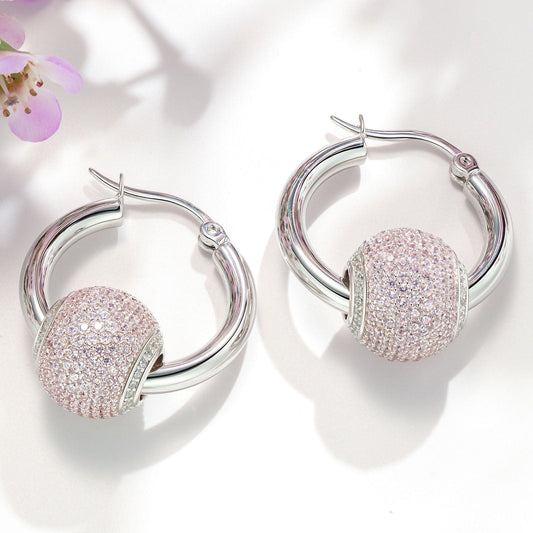 gon- Sterling Silver Pink Zirconia Minimalist Hoop Earrings In White Gold Plated