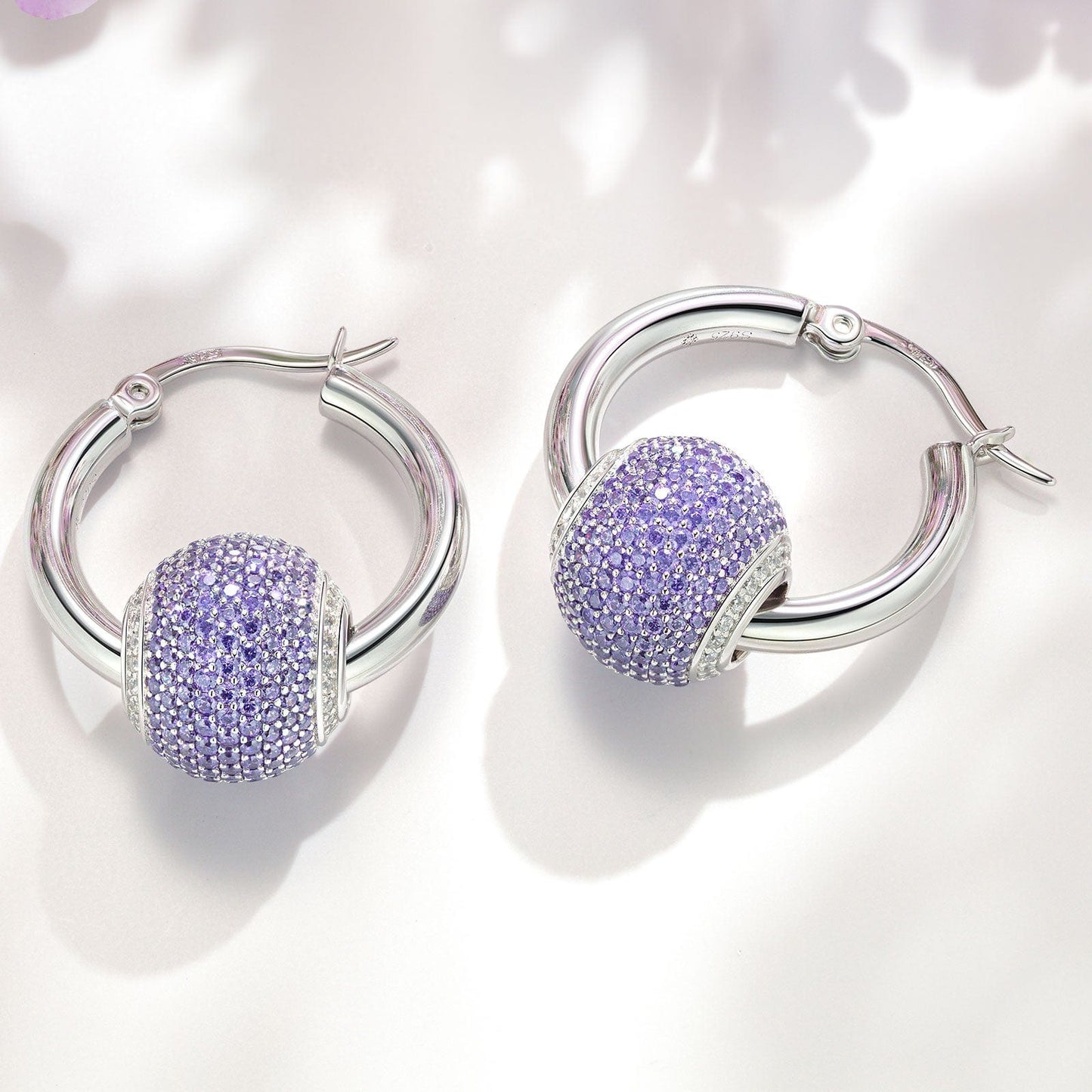 Sterling Silver Purple Zirconia Minimalist Hoop Earrings In White Gold Plated