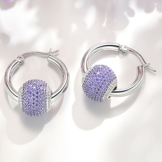 gon- Sterling Silver Purple Zirconia Minimalist Hoop Earrings In White Gold Plated