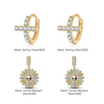 Sterling Silver Blossom on Bone Charms Earrings Set With Enamel In 14K Gold Plated