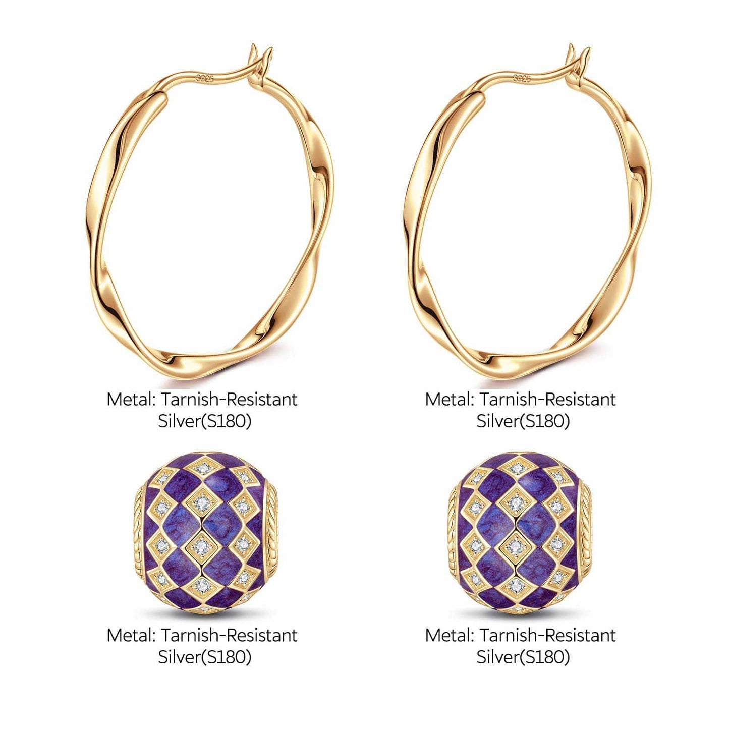 [💥As @mygreatchallenge's Pick] Purple Magic City Tarnish-resistant Silver Charms Earrings Set M Size Classic Hoop Earrings with Sterling Silver Ear Post With Enamel In 14K Gold Plated