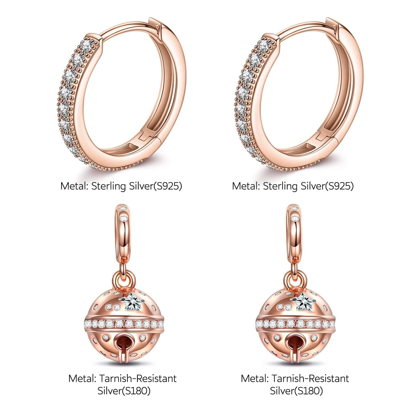 Sterling Silver Earrings Set with Tarnish-resistant Silver Brilliant Jingle Bell Charms In Rose Gold Plated