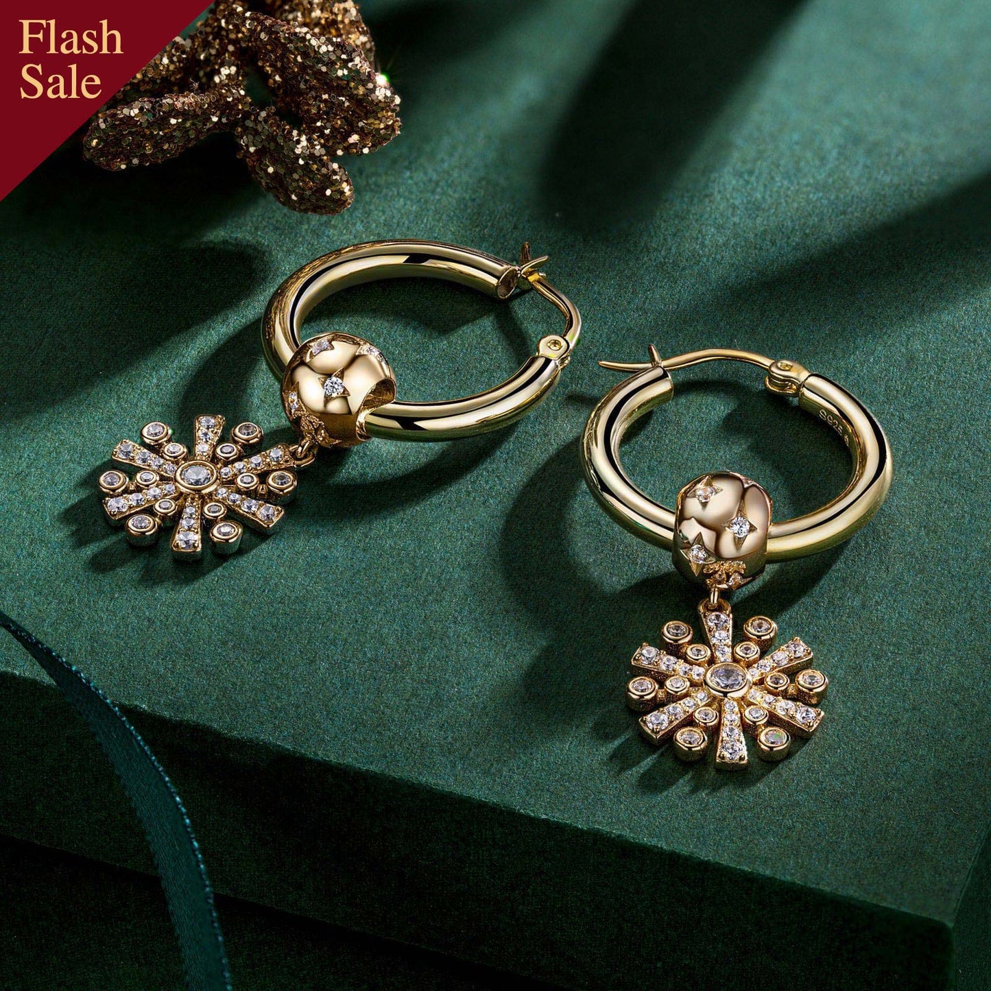 Sterling Silver Earrings Set with Tarnish-resistant Silver Golden Snowflake Charms In 14K Gold Plated