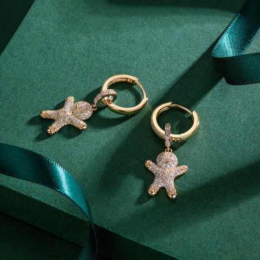 gon- Sterling Silver Earrings Set with Tarnish-resistant Silver Gingerbread Man Charms In 14K Gold Plated