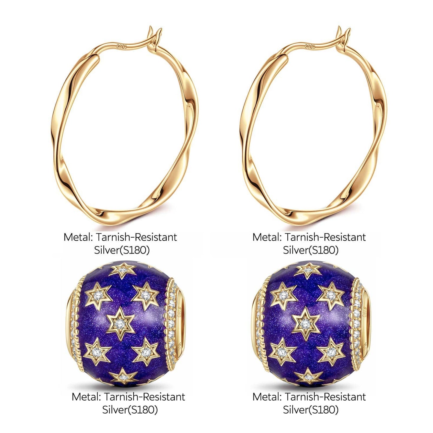 Violet Starry Sky Tarnish-resistant Silver Charms Earrings Set L Size Classic Hoop Earrings with Sterling Silver Ear Post In 14K Gold Plated