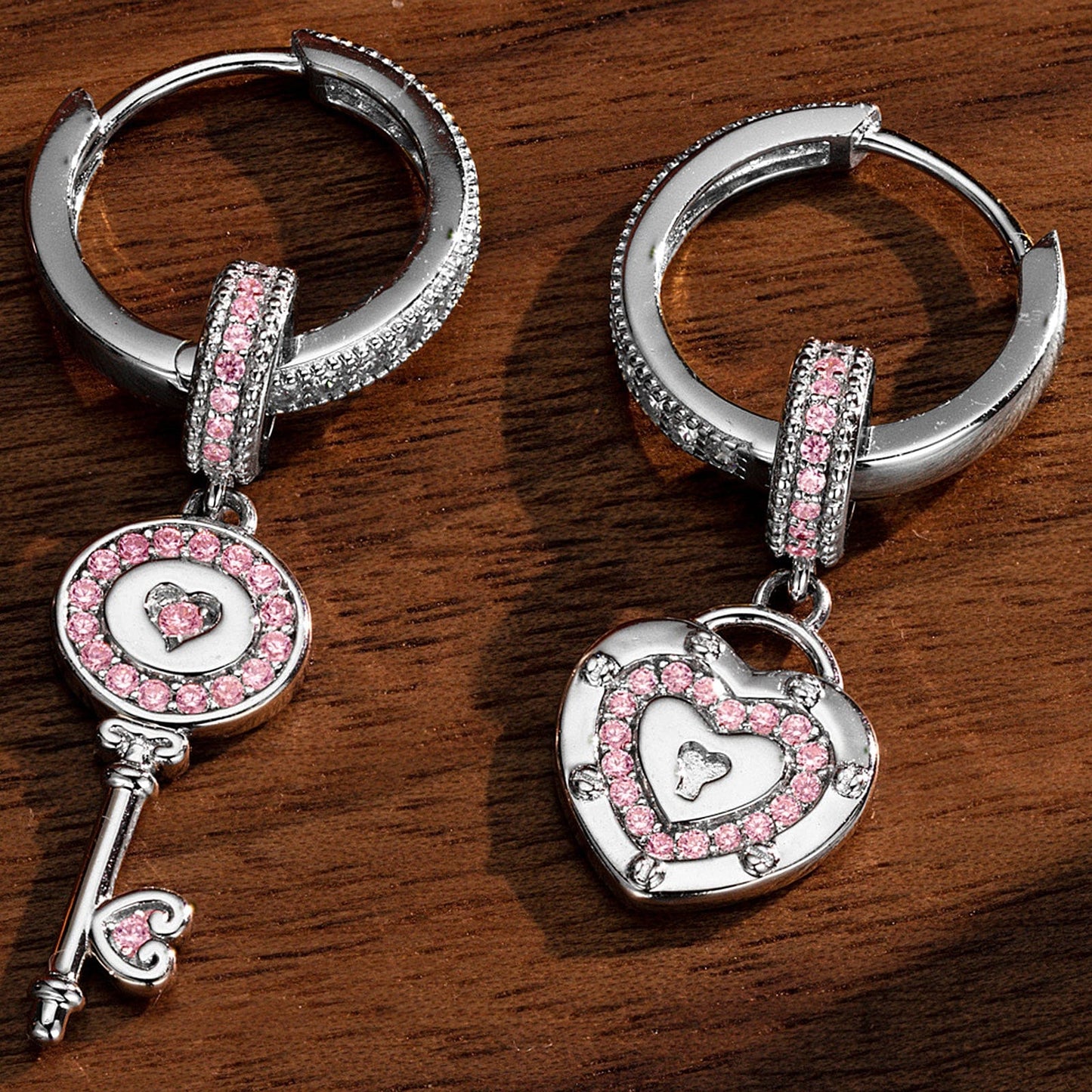Sterling Silver Romantic Key to Heart Charms Earrings Set In White Gold Plated