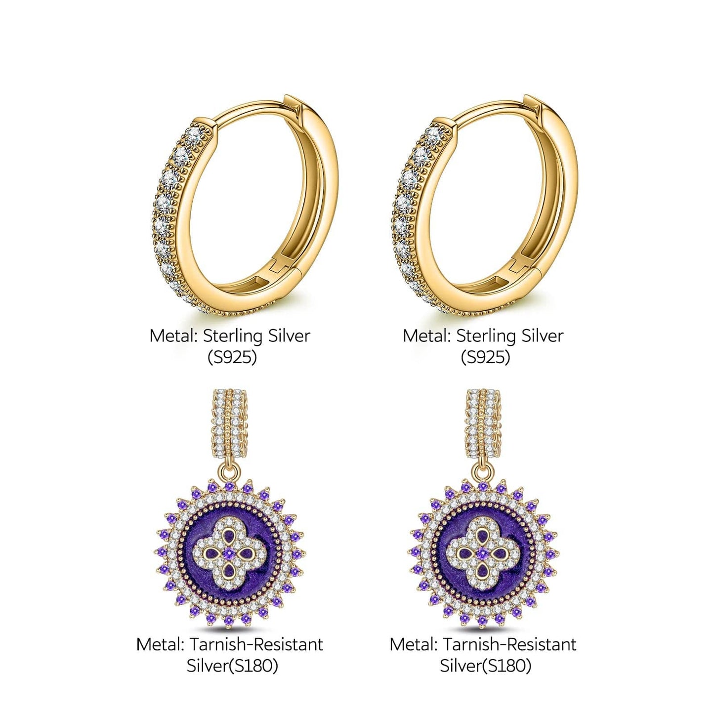 Sterling Silver Violet Whispers Charms Earrings Set With Enamel In 14K Gold Plated