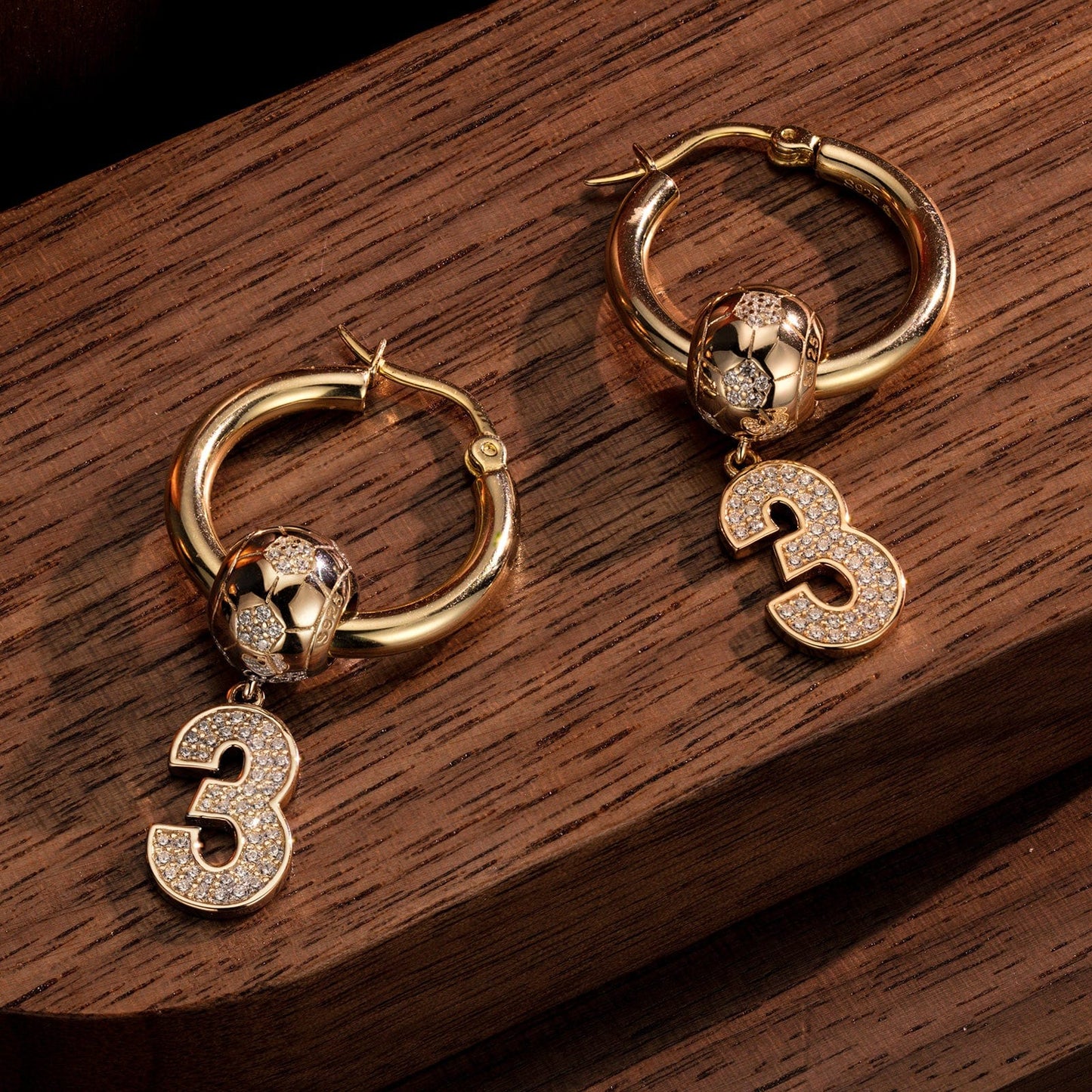 Sterling Silver Number 3 Golden Football Charms Earrings Set In 14K Gold Plated