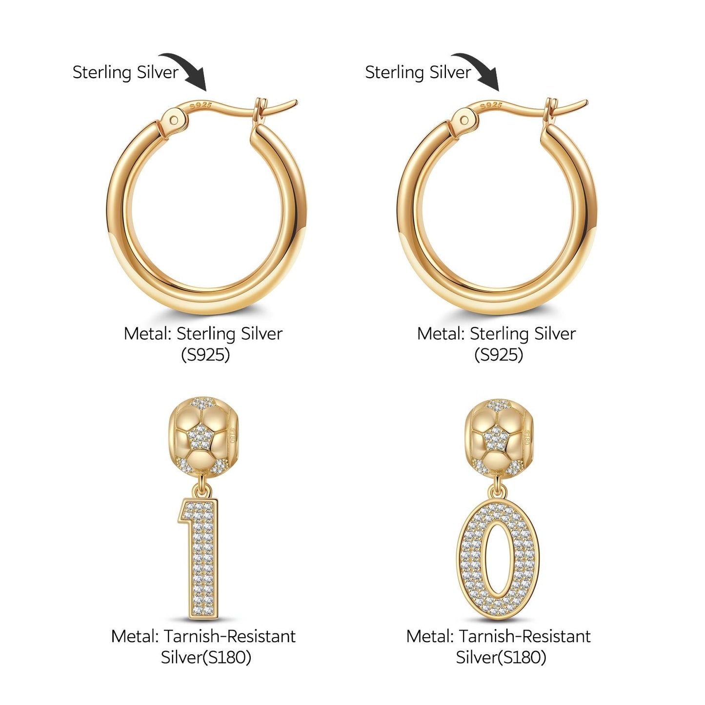 Sterling Silver Team Soul Charms Earrings Set In 14K Gold Plated