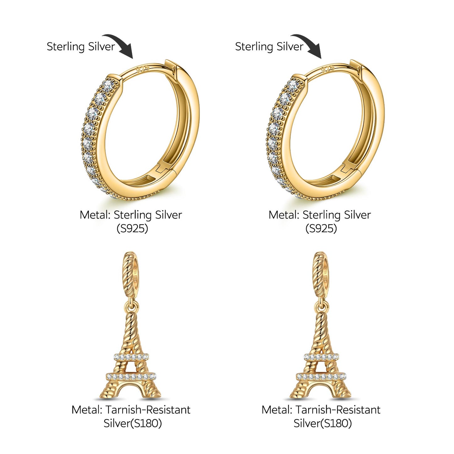 Sterling Silver Vitality of Paris Charms Earrings Set In 14K Gold Plated