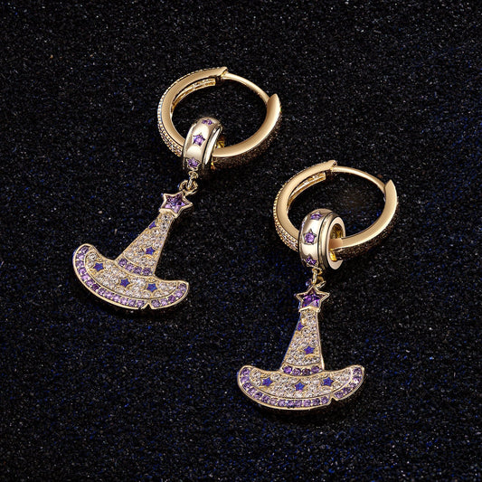 gon- Sterling Silver Cute Witch Hat Charms Earrings Set In 14K Gold Plated