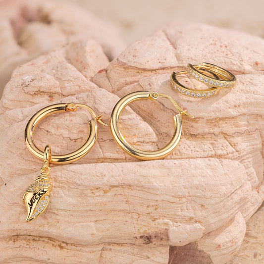 gon- Sterling Silver Seashell Journey Charms Earrings Set With Enamel In 14K Gold Plated