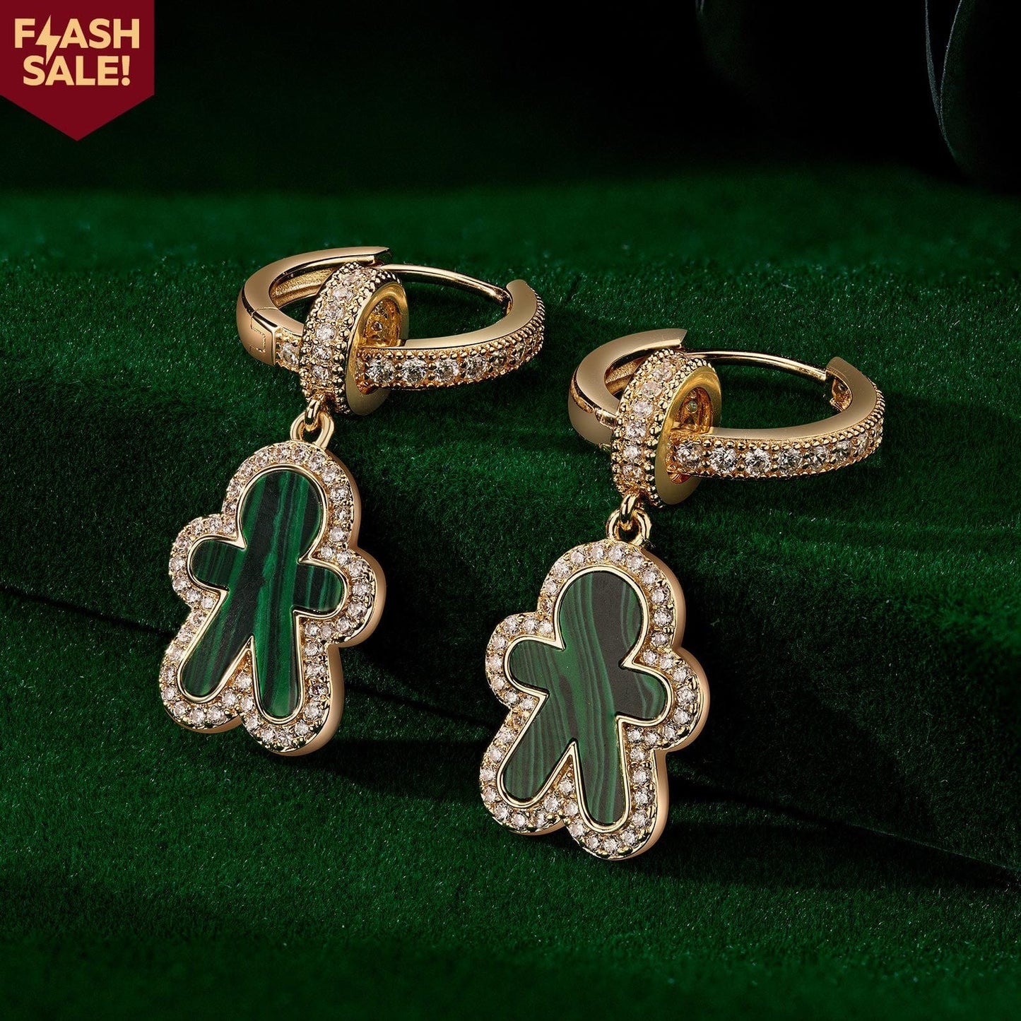 Flash Sale: Sterling Silver Malachite Emerald Gingerbread Man Charms Earrings Set In 14K Gold Plated