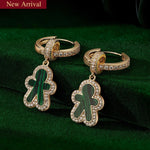 Sterling Silver Malachite Emerald Gingerbread Man Charms Earrings Set In 14K Gold Plated