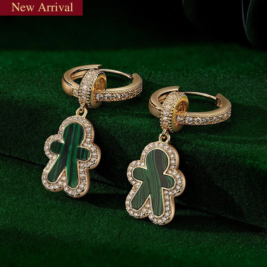 gon- Sterling Silver Malachite Emerald Gingerbread Man Charms Earrings Set In 14K Gold Plated