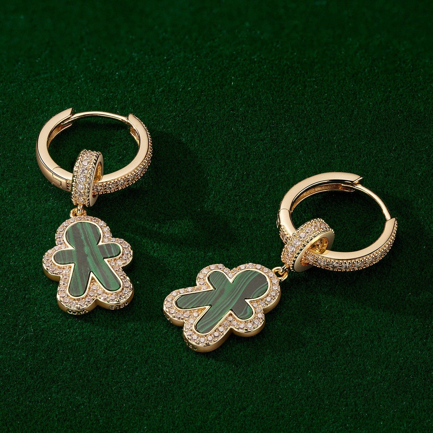 Sterling Silver Malachite Emerald Gingerbread Man Charms Earrings Set In 14K Gold Plated