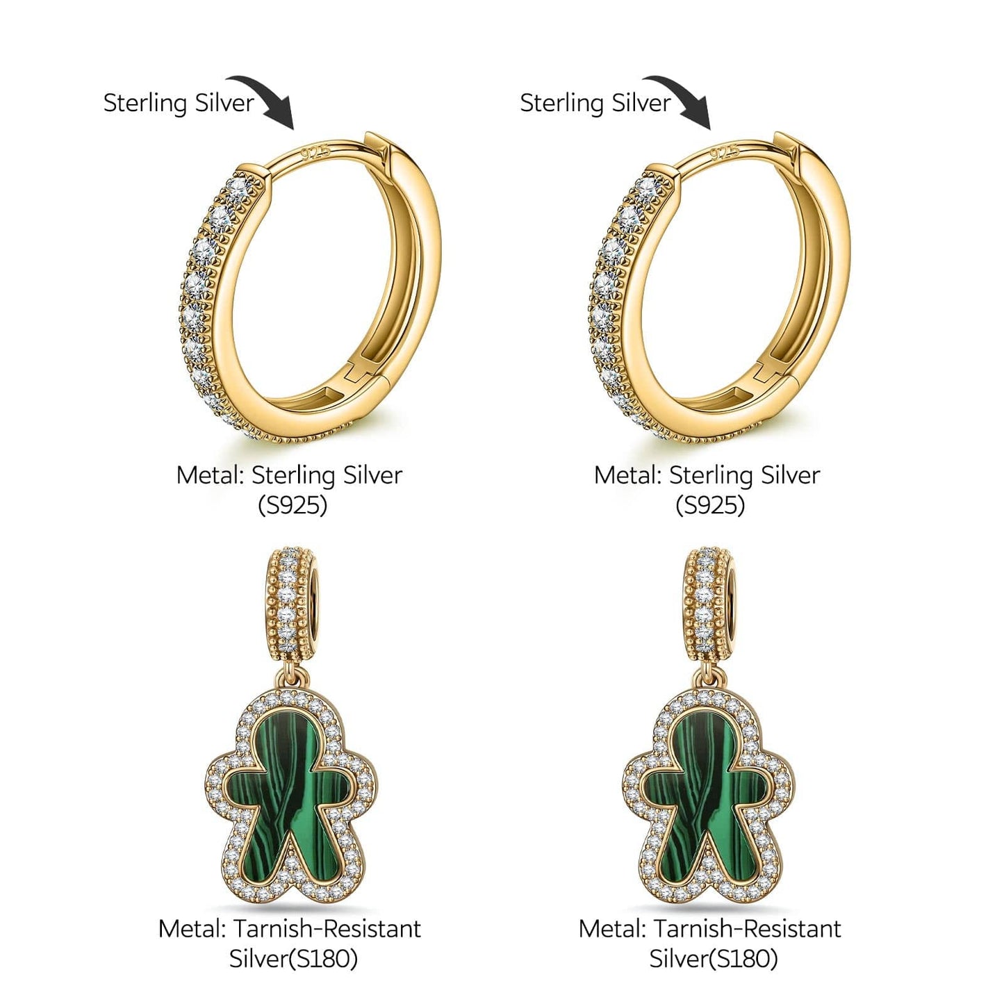 Sterling Silver Malachite Emerald Gingerbread Man Charms Earrings Set In 14K Gold Plated