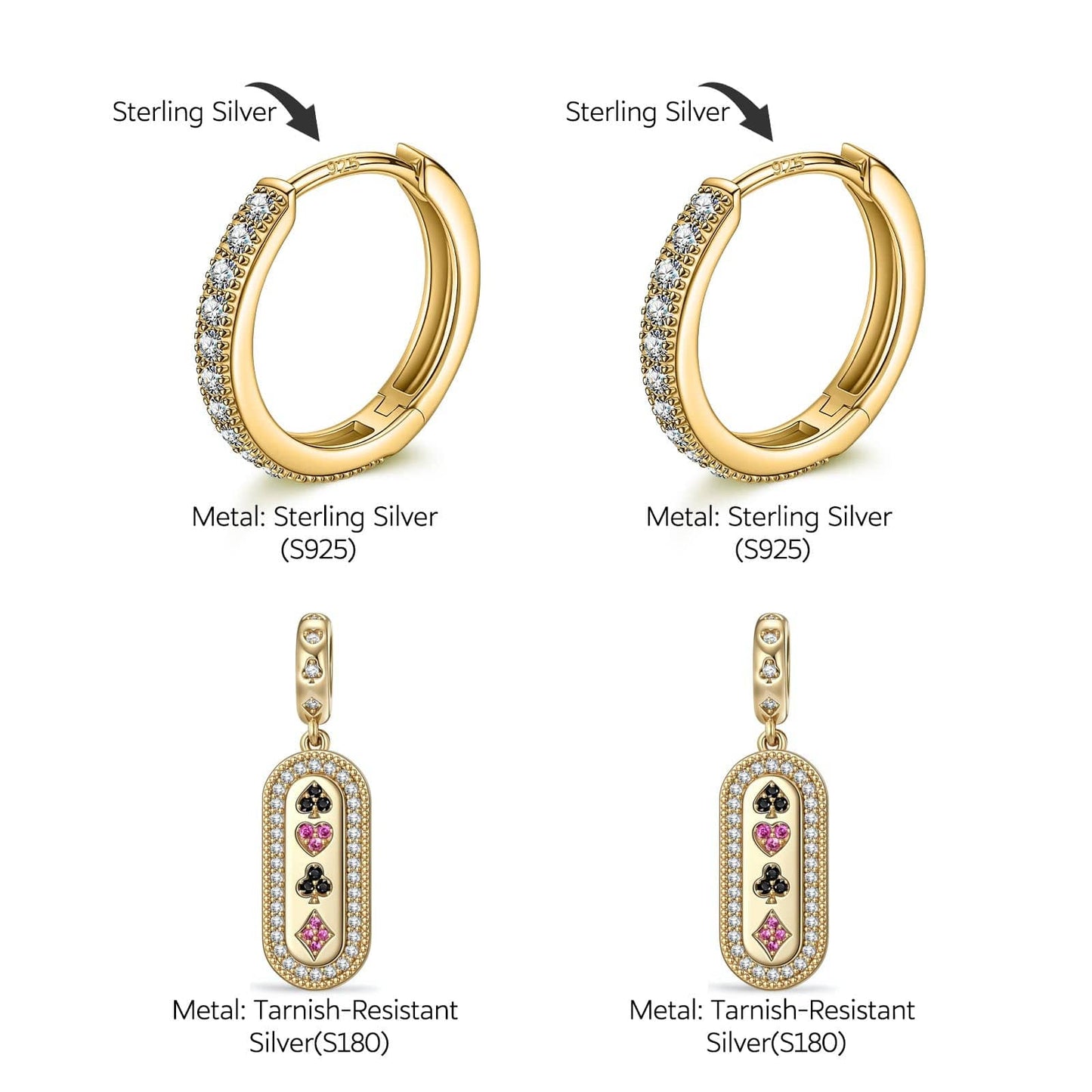 Sterling Silver Chance's Edge Charms Earrings Set In 14K Gold Plated