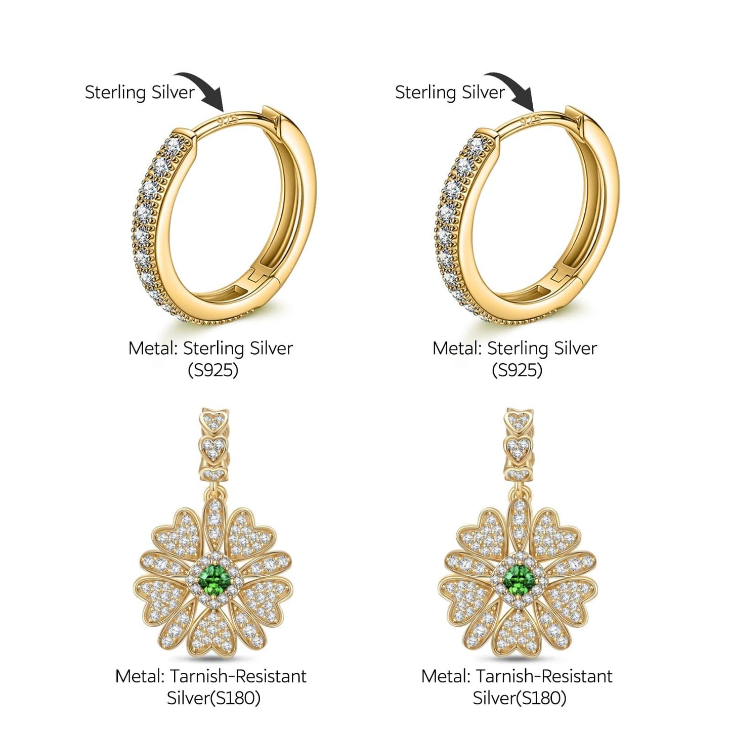 Sterling Silver Blossoming Brilliance Charms Earrings Set In 14K Gold Plated